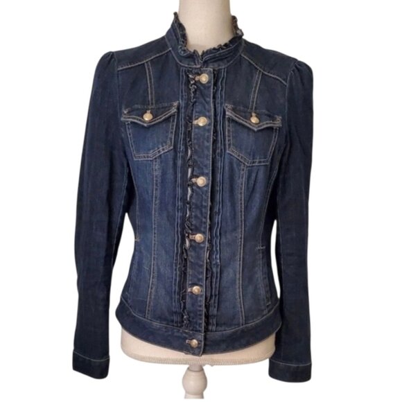 White House Black Market Dark Washed Denim Ruffle Trim Structured Jacket Size 12 - Picture 1 of 7